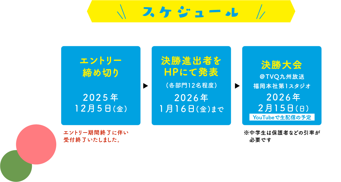 �X�P�W���[�� | �G���g���[���ߐ؂� 2025�N12��5���i���j���G���g���[���ԏI���ɔ����A��t�I���������܂����B�����i�o�҂�HP�ɂĔ��\�i�e����12�����x�j 2026�N1��16���i���j�܂� �� �������@TVQ��B���������{�Б�1�X�^�W�I 2026�N2��15���i���j�����w���͕ی�҂Ȃǂ̈������K�v�ł�