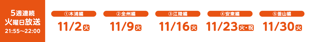 5週連続火曜日放送　21:55～22:00　①木浦編　11月2日（火）　②全州編　11月9日（火）　③江陵編　11月16日（火）　④安東篇　11月２３日（火祝）　⑤釜山編　11月30日（火）